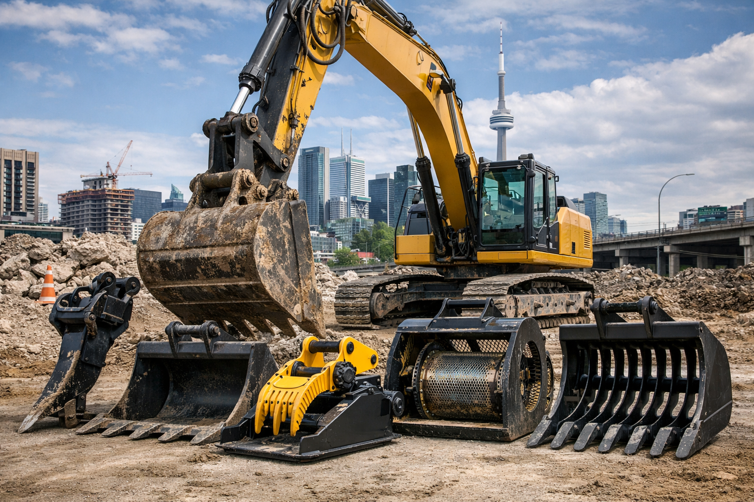 Heavy-duty excavator attachments on a construction site in Ontario with Toronto skyline in the background